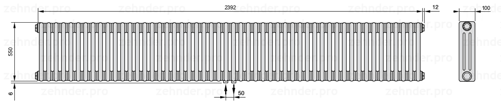 Схема (чертеж) Радиатор Zehnder Charleston 3055/52 №3470 Белый глянцевый RAL 9016